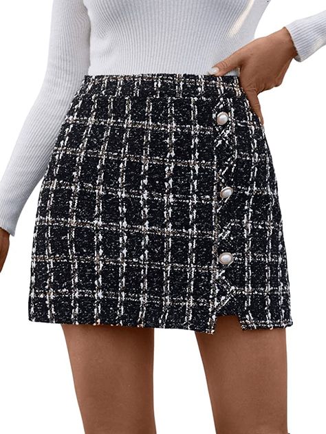 Chanel Skirt, Cheap Skirts, Women Bottoms, Tweed Mini Skirt, Causal Outfits, Women Skirts, Tweed Skirt, Plaid Mini Skirt, Elegant Shirt