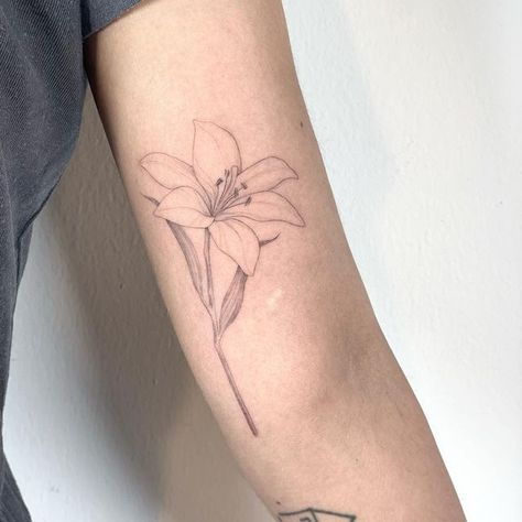 Lily Tattoo Fine Line, Darling Tattoo, Tattoo Fine Line, Lily Tattoo, Memorial Tattoo, Memorial Tattoos, Simplistic Tattoos, Fine Line, A Tattoo