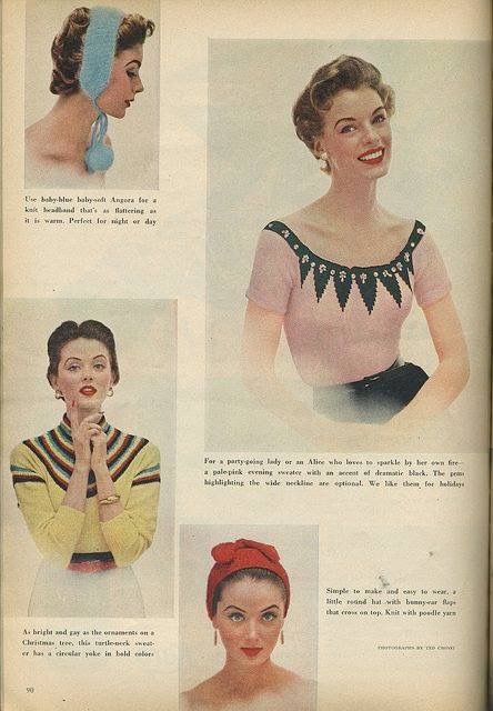 1950s Sweater, Knitting Fashion, 1950 Fashion, Vintage Knitwear, Fifties Fashion, Sweater Hat, Hat Knit, Fashion 1950s, Vintage Knitting Patterns