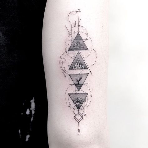 Elements tattoo by Gloria Tattoo #GloriaTattoo #AlchemyTattoo #Fineline #4elements #Fire #Earth #Water #Air | Jan 17th 2020 | 1282174 Four Elements Tattoo, Tato Geometris, Element Tattoo, Alchemy Tattoo, Tato Suku, Earth Tattoo, Air Tattoo, Circle Tattoo, Elements Tattoo