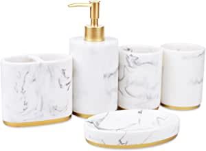 This set is made out of resin and laminated for moisture resistance, holds up well to daily use. A complete bathroom accessory set with a dispenser, a soap dish, a toothbrush holder and 2 tumblers. Its Marble-imitated design and elegant look matches bathrooms of all styles. 2 slots for toothbrush and toothpaste, or battery operated toothbrush. Gift Package. Non-toxic. BPA Free. Marble Bathroom Accessories, Counter Top Accessories, Bad Set, Bathroom Accessories Set, Soap Pump Dispenser, Bathroom Decor Sets, Bathroom Counter, Bathroom Counters, Bathroom Accessories Sets