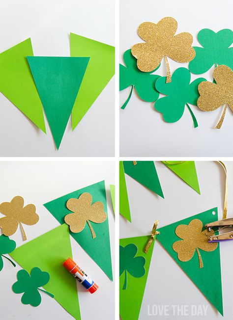 Shamrock Garland Template and Tutorial by Love The Day Saint Patricks Party Ideas, Garland Template, Ireland Decor, San Patrick Day, Sant Patrick, Holiday Boards, Shamrock Garland, St Patricks Decorations, Saint Patricks Day Art