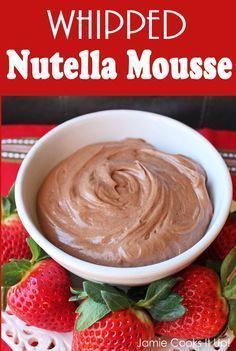 Whipped Nutella Mousse - super simple: 3 ingredients. Use it as a fruit dip, crepe filling, or in a bowl with a spoon! Strawberries And Nutella Ideas, Nutella Whipped Cream Filling, Nutella Mousse Filling, Nutella Dipped Strawberries, Chocolate Crepe Filling, Whipped Nutella Frosting, Nutella Cream Filling, Nutella Dipping Sauce, Nutella Crepe Cake