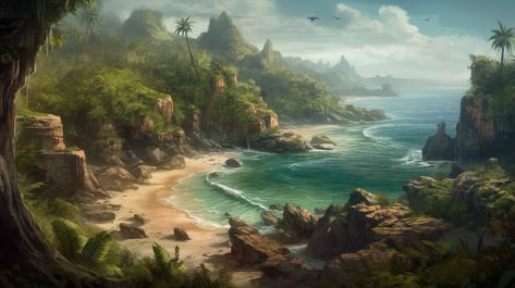 Tropical Island Concept Art, Dnd Island, Mythical Places, Survival Island, Tropical Environment, Golden Age Of Piracy, Island Survival, Hollow Earth, Uninhabited Island