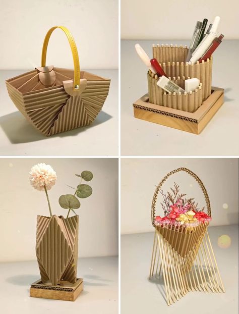 Diy Kardus, Cardboard Flower Vase, Giant Flowers Diy, Cardboard Design, Cardboard Crafts Diy, Cardboard Box Crafts, Flower Bucket, Cardboard Art, Diy Cardboard