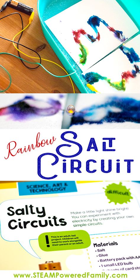 Building salt circuits is an easy circuit experiment that appeals to all ages. Turn it into a STEAM project with the addition of some beautiful colours and designs. Time Projects For Kids, Art Meets Science, Simple Circuit Projects For Kids, Steam Night Activities Elementary, Steam Art Projects, Circus Science, Circuits For Kids, Rainbow Salt, Circuits Science