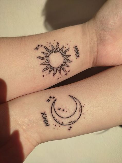 Sun And Moon Duality Tattoo, Word Tattoo Behind Ear, Dog Tattoo Wrist, Sun And Moon Tattoo Couple, Behind Ear Tattoo Unique, Small Cherry Blossom Tattoo, Flower Tattoo Minimalist, Tattoo Ideas Couples, Tattoo For Best Friends