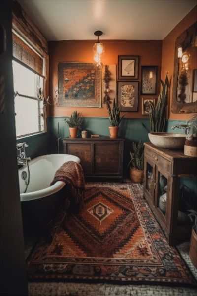 western boho bathroom Boho Rustic Cabin, Cute Western Bathroom Ideas, Western Style House Interiors, Boho And Farmhouse Decor, Colorful Bohemian Bathroom, Green And Rust Office, Boho Bathroom Shower Ideas, Witchy Western Aesthetic Home, Southwest Home Interior Design