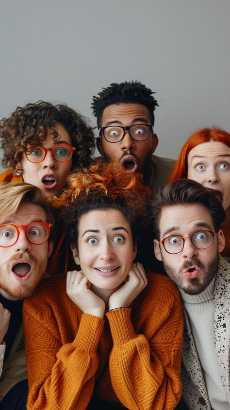 Surprised Group Pose: A group of six diverse friends expressing surprise and excitement, standing close together with wide eyes. #friends #surprised #expressive #diverse #glasses #aiart #aiphoto #stockcake ⬇️ Download and 📝 Prompt 👉 https://ayr.app/l/8VGn Group Pose, Wide Eyes, Group Poses, Beach Portraits, Image Downloads, Group Photos, Happy People, A Group, Animal Drawings