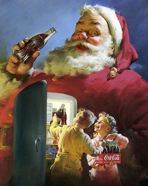 1950 ... Coca-Cola Santa by Norman Rockwell The Coca Cola Santa is really the image fixed in Americans minds of what Santa is suppose to look like. always know it's xmas when the xmas coca cola ad is on! Norman Rockwell Christmas, John Pemberton, Norman Rockwell Art, Coca Cola Santa, Santa Klaus, Coca Cola Christmas, Coca Cola Ad, Modern Postcard, Vintage Coca Cola