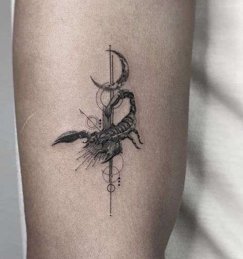 Scorpion Tattoos: The Meaning Behind This Popular Design - Body Artifact Scorpion Geometric Tattoo, Scorpion Goddess Tattoo, Squirpion Tattoos, Two Scorpions Tattoo, Scorpion Neck Tattoo, Scorpion Tattoo For Men, Scorpio Tattoo Design, Scorpion Tattoo Ideas, Scorpion Tattoo Feminine