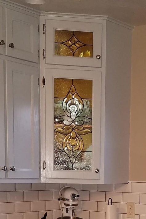 Stained Glass Kitchen Cabinets, Stained Glass Kitchen, Glass Kitchen Cabinet, Christine Mcconnell, Glass Kitchen Cabinet Doors, Glass Kitchen Cabinets, Kitchen Cabinet Doors, Kitchen Doors, Stained Glass Ideas