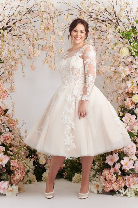 Plus Size Wedding Dress Tea Length, Plus Size Cocktail Wedding Dress, 1950s Wedding Dress Tea Length Plus Size, Plus Size Wedding Dresses Tea Length, Short Bridal Dresses Plus Size, Plus Size Tea Dress, Plus Size Vintage Dresses 50 Style, Short Curvy Wedding Dress, Plus Size Tea Length Wedding Dress