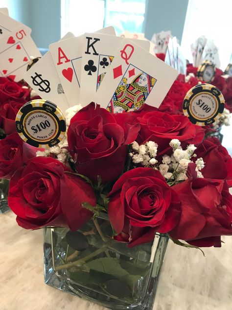 Las Vegas Themed Centerpieces, Casino Theme Party Centerpieces Table Decorations, Casino Theme Centerpiece, Vegas Theme Party Centerpieces, Casino Party Table Set Up, Casino Theme 70th Birthday Party, Casino Christmas Party Centerpiece Ideas, Poker Themed Centerpieces, Poker Night Centerpieces