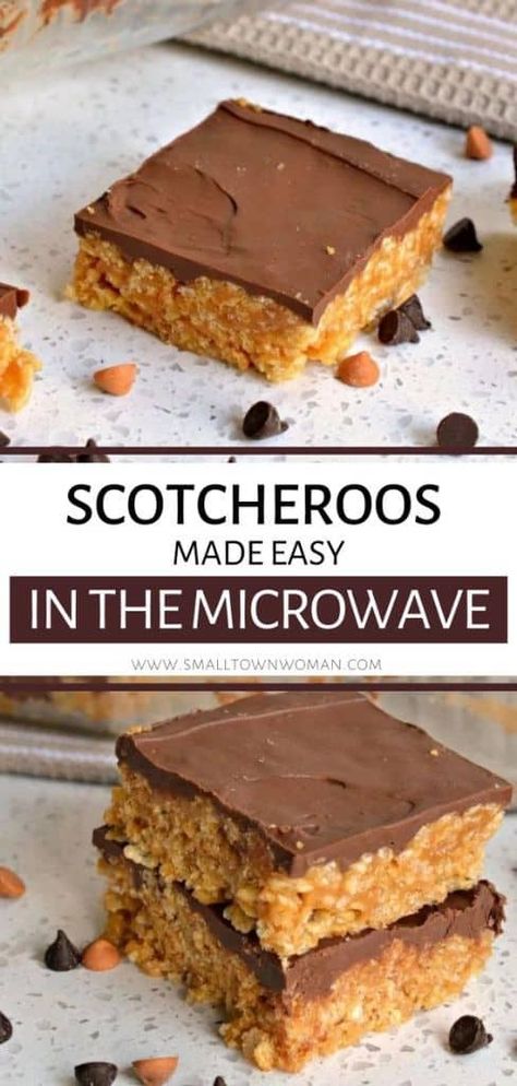 A delicious easy sweet treat ready in 10 minutes! These Scotcheroos Made Easy in the Microwave are chewy peanut butter Rice Krispie bars topped with a two-ingredient chocolate butterscotch topping. It is an easy dessert recipe perfect for your holiday parties! Save these microwave scotcheroos recipe! Microwave Chicken Recipes, Butterscotch Topping, Scotcheroos Recipe, Rice Krispie Bars, Peanut Butter Rice Krispie Treats, Chicken Salad Recipe Easy, Quick Treats, Butter Rice, Microwave Recipes