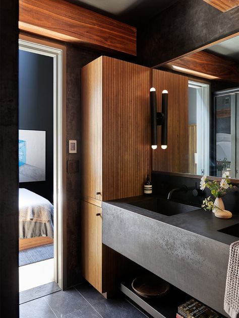 A Night and Day Renovation of a Lofted Bedroom and Bathroom in Cobble Hill, Brooklyn Windowless Bathroom, Going Dark, Modern Japanese Style, Japanese Bathroom, The Shade Store, Walnut Bed, Dark Paint Colors, Black Rooms, Shade Store