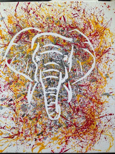 Outline Of Elephant, Painting Canvas Diy, Elephant Cut Out, Splatter Painting, Splatter Art, Afrique Art, Canvas Diy, Painting Media, Crayon Art