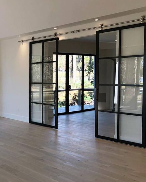 Modern Glass Barn Door, Modern Sliding Glass Doors, Living Room Sliding Doors, Kitchen Sliding Doors, Glass Barn Doors Interior, Sliding Glass Barn Doors, Glass Door Design, Modern Doors, Interior Sliding Barn Doors