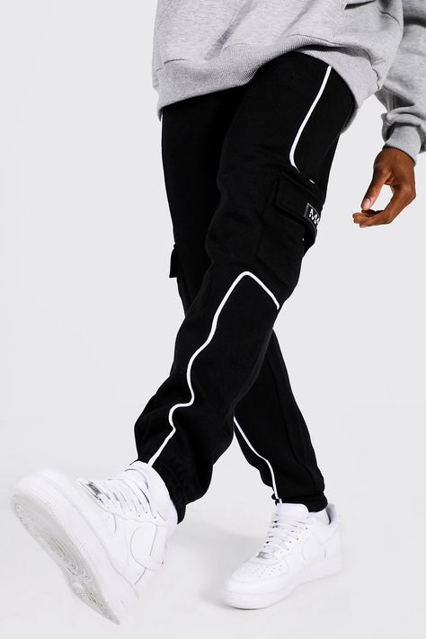 Man Piping Detail Rubber Tab Cargo Jogger | boohooMAN USA Best Mens Joggers, Black Joggers Men, Uk Street Style, Sporty Outfits Men, How To Wear Joggers, Dude Clothes, Best Joggers, Jogger Pants Style, Stylish Shirts Men