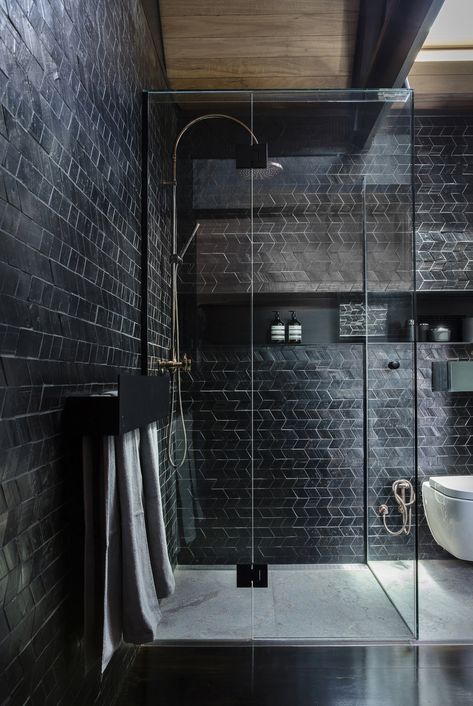 GLENLYON ADDITION | BRISBANE — Louise Walsh Black Bathroom Tile Floor, Black Bathroom Tile, Bathroom Tile Floor, Black Marble Tile, Black Wall Tiles, Modern Black Bathroom, Bathrooms Inspiration, Bathroom Design Black, Shower Tile Ideas