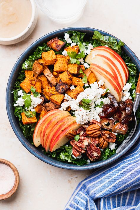 Salad With Dates, Fall Harvest Salad, Cubed Sweet Potatoes, Harvest Salad, Sweet Potato And Apple, Autumn Salad, Healthy Fall, Large Salad Bowl, Gluten Free Cheese