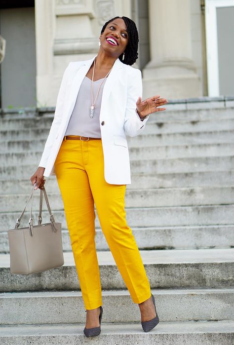 economy of style What to Wear to a Job Interview: Expert Tips for Every Industry Yellow Dress Pants Outfit Women, Gold Pants Outfit Mustard, Mustard Trousers Outfit, Mustard Pants Outfit Work, Yellow Blazer Outfits For Women, Yellow Pants Outfit Work Attire, Yellow Work Outfit, Elegant Flamboyant, Mustard Pants Outfit