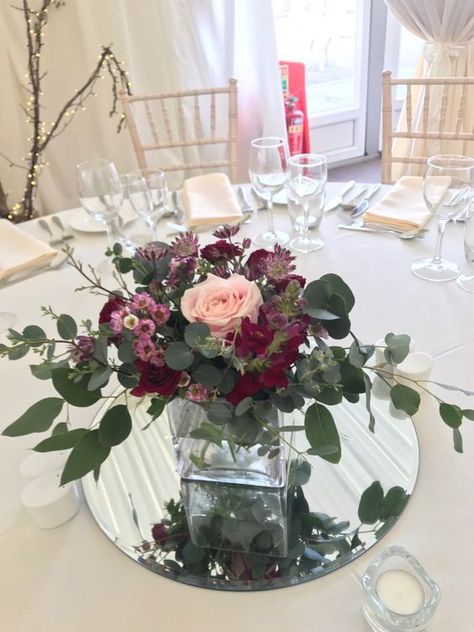 Reception Centre Pieces, Square Glass Centerpieces, Square Vase Flower Arrangements, Square Vase Centerpieces, Prom Centerpieces, Table Centre Pieces Wedding, Round Table Centerpieces Wedding, Dalhousie Castle, Colorful Wedding Centerpieces