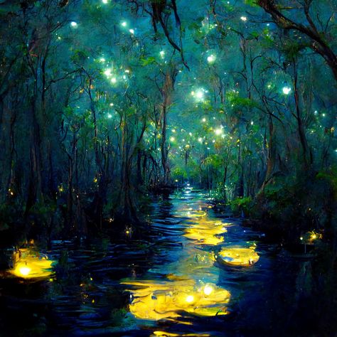 Sleepy lagoon moon forest swamp creek fairy lights floating glow arabesque tiny boat trees moss night Louisiana beautiful 4K Impressionism jazz green fireflies Forest Swamp Aesthetic, Magical Swamp Art, Moon Forest Painting, Rainforest At Night, Enchanted Forest Aesthetic Light, Magic Forest Painting, Fairy Land Painting, Fairy Magic Mystical Forest, Swamp Lights