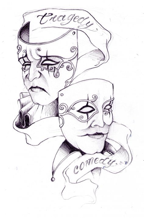 Drama Faces Tattoo Masks, Drama And Comedy Masks, Drama Mask Drawing, Two Faced Drawings Mask, Drama Masks Drawing, Drama Faces Tattoo, Drama Faces, Masks Tattoo, Theater Mask Tattoo