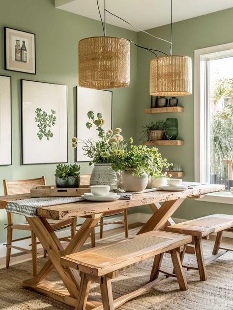 Greenery Dining Room Decor, Modern Green Dining Room, Green Dining Room Aesthetic, Green Themed Dining Room, Colours For Dining Room, Boho Chic Dining Room Decor, Small Dining Room Ideas Boho, Art Wall Dining Room, Dinning Room Ideas Boho