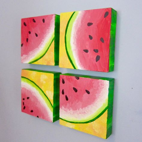 MULTICANVAS WATERMELON  four canvas art wedge of watermelon Canvas Painting Ideas Fruit, Fruits Canvas Painting, Mini Canvas Fruit Painting, Watermelon Canvas Art, Acrylic Watermelon Painting, Multi Canvas Painting, Watermelon Painting, Decor For Kitchen, Bow Art