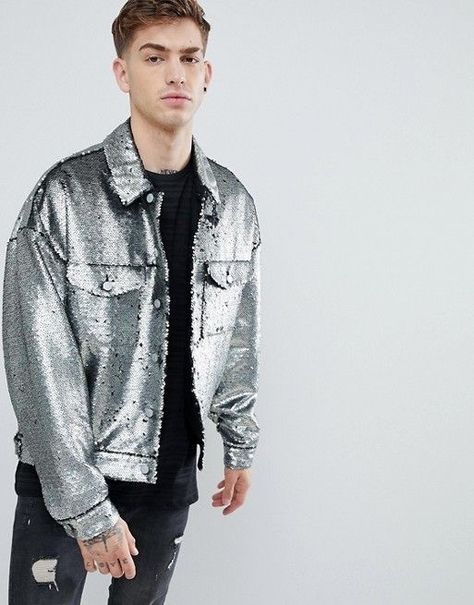 Mens Silver Outfit, Men Silver Outfit, Silver Outfits Men, Glitter And Glamour Party Outfit Men, Silver Outfit Men, Xmas Party Outfits, Looks Adidas, Glitter Jacket, Glitter Outfit