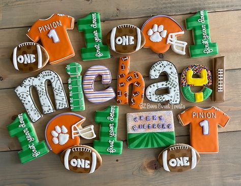 Football themed 1st Birthday cookies 1st Birthday Cookies, Football First Birthday, First Birthday Cookies, Football Cookies, Themed 1st Birthday, Football Themes, Football Birthday, Balloon Columns, Birthday Cookies