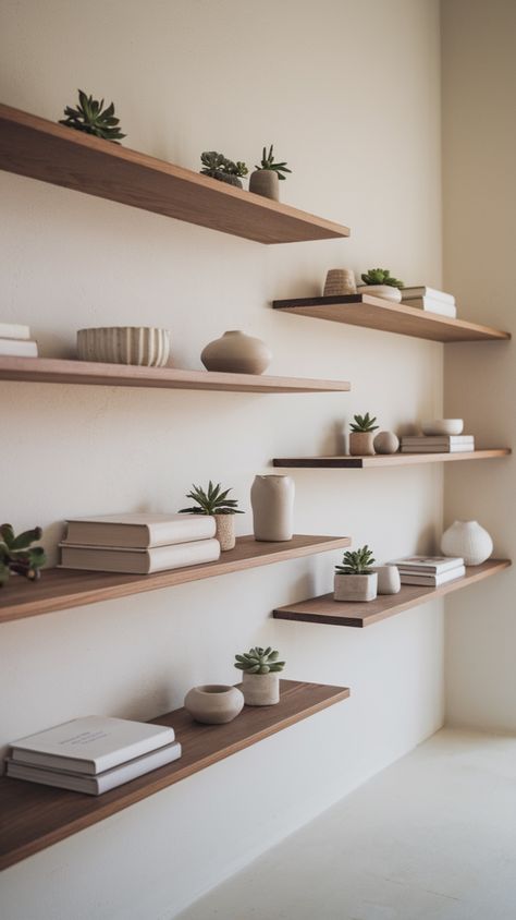 Light, natural wood floating shelves provide a clean, airy aesthetic. Decorate with small potted plants, ceramic pieces, and neutral-toned books for a cozy yet modern vibe. #WoodenDecor #MinimalHome #BiophilicDesign | Minimalist floating wooden shelves adorned with small succulents, neutral ceramics, and white books against a white wall. Neutral Ceramics, Natural Wood Floating Shelves, Floating Wooden Shelves, Airy Aesthetic, White Books, Wood Floating Shelves, Small Potted Plants, Ceramic Pieces, Small Succulents