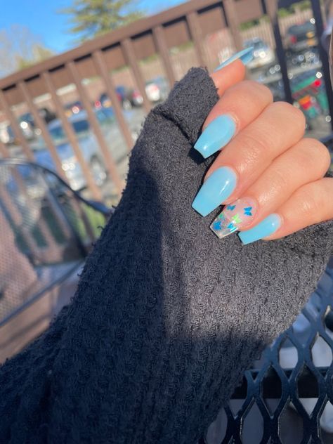 Summer nails Pastel Blue Butterfly Nails, Sky Blue Nails With Butterflies, Butterfly Nails Medium Length, Light Blue Nails Butterfly, Teal Butterfly Nails, Baby Blue Nails With Butterflies, Nails Blue Butterflies, Nails W Butterflies, Light Blue Butterfly Nails