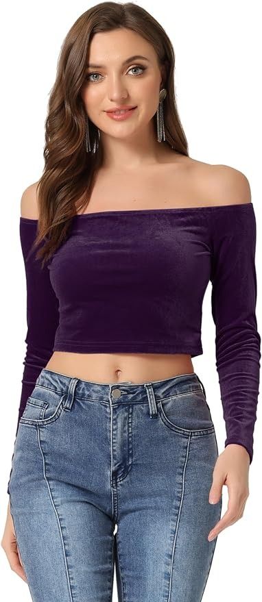 Allegra K Women's Velvet Top Off Shoulder Casual Solid Blouse Long Sleeve Crop Top Medium Purple at Amazon Women’s Clothing store Off Shoulder Crop Top, Puff Long Sleeves, Velvet Top, Medium Purple, Comfortable Tops, Crop Top Blouse, Shoulder Crop Top, Velvet Tops, Crop Blouse