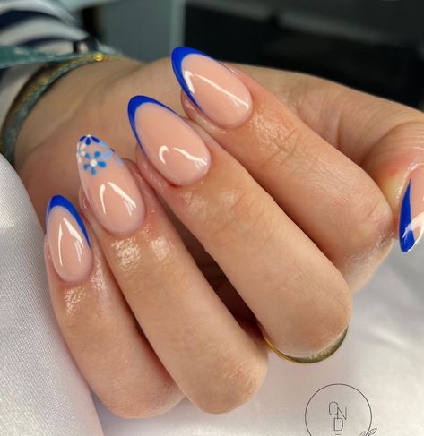 Royal Blue Acrylic Nails Ideas, Nails For Italy Trip, Nails For Italy, Nails Bleu, Nail Art Bleu, French Bleu, Hoco Nails, Evil Eye Nails, Ongles Nails