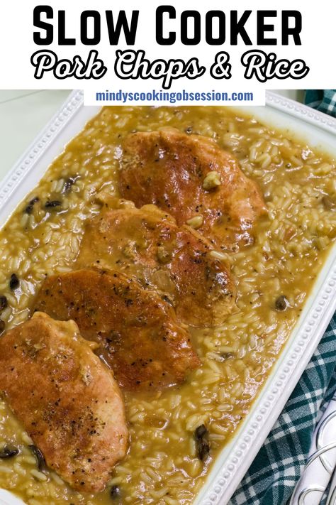 This slow cooker pork chops & rice is pure magic! Tender pork chops simmer in a blend of creamy soups while onion soup mix & earthy mushrooms add delicious flavors. Black pepper adds a little heat, and broth keeps things juicy. Best part? Perfectly cooked boil-in-bag rice is added at the end so the rice is fluffy, not overcooked and mushy.  via @mindyscookingobsession Crockpot Rice And Porkchops, Pork Chop With Rice Recipes, French Onion Pork Chops And Rice, Crock Pot Pork Chops And Rice, Pork Chops And Rice In Crockpot, Crockpot Pork Chops And Rice, Mushroom Soup Crockpot, Pork Chop Stew, Pork Chops With Rice