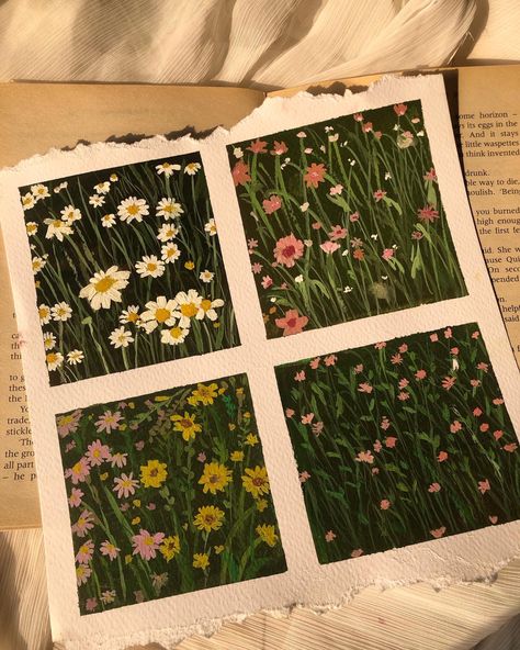 Acrylic And Gouache Paintings, Wildflowers Painting Acrylic, Wild Flower Acrylic Painting, Gouache Painting Tips, Small Gouache Painting, Gouache Wildflowers, Polaroid Challenge, Cottage Core Paintings, Gouache Painting Flowers