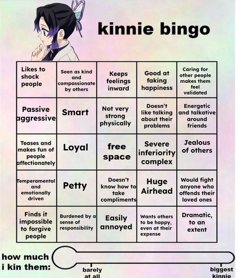 Kuki Shinobu Kinnie Bingo, Noe Kinnie Bingo, Mona Kinnie Bingo, Qiqi Kinnie Bingo, Kanao Kinnie Bingo, Demon Slayer Bingo Kin, Raiden Kinnie Bingo, Bakugo Kinnie Bingo, Kokomi Kinnie Bingo