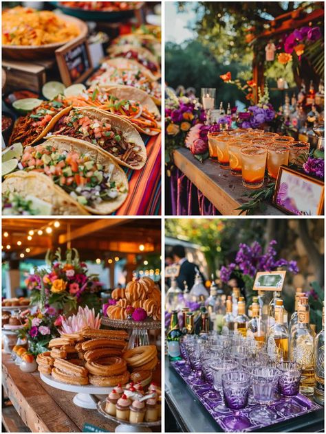 Colorful Mexican Wedding Theme Ideas for a Fiesta Mexican Food For Wedding Receptions, Elegant Mexican Theme Wedding, Mexican Wedding Dessert Table, Mexican Ranch Wedding, Mexican Wedding Food, Mexican Wedding Foods, Colorful Mexican Wedding, Mexican American Wedding, Mexican Wedding Theme