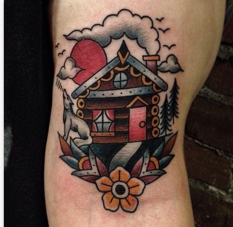 Traditional tattoo Cabin Tattoo, Globe Tattoos, House Tattoo, Disney Tattoo, Traditional Tattoo Design, Traditional Tattoo Flash, Home Tattoo, Tattoo Designs And Meanings, Time Tattoos