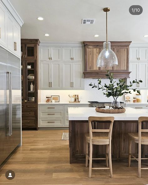 Two Tone Modern Farmhouse Kitchen, White Cabinets With Stained Island, Brown Island White Cabinets, Dark Wood And White Kitchen, Maple Kitchen Island, Brown And White Kitchen, Oyster Ceramic, Modular Farmhouse, White Oak Engineered Hardwood