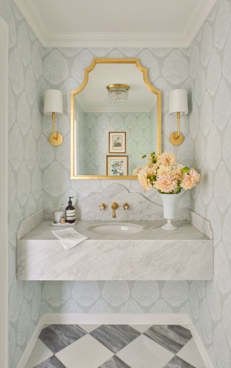 Powder Room Accent Table, Marble Floor Powder Room, Small French Country Bathroom, Fancy Powder Room, French Chic Interior, Powder Room Tile, Wallpaper Powder Room, Houston Houses, Bathroom Retreat