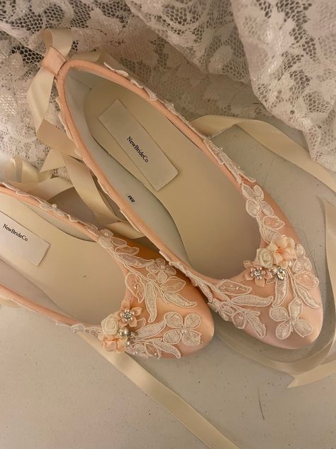 Colors Available: Ivory/Ivory and Blush Pink/Ivory shoes lace appliqués, and fine satin double sided ribbon straps. As shown. Please look at all the pictures! (the Ivory bride picture is not for these shoes is only to show an idea of tied ribbon straps may look, you can try other ways, or shorten straps if, needed.) IN SOME SCREEN MONITORS COLOR MAY LOOK PEACH, BLUSH PINK IS A VERY LIGHT PEACHY PINK, I SUGGEST TO ORDER A COLOR SWATCH TO VIEW COLOR IN PERSON, SPECIALLY IF, YOU ARE MATCHING IT TO SOMETHING! THANK YOU!   I meticulously  designed these beautiful shoes fit for a real princess on her wedding day (Please Note: These are NOT Professional Ballerina Slippers. They are Bridal Ballet Style Flats.) Outer sole is firm imitation leather swede, shoes are Vegan.  Not to wear on Wet areas/g Bridal Ballet Slippers, Princess Shoes Pink, Ballerina Style Shoes, Marie Antoinette Shoes, Ballet Wedding Shoes, Peach Shoes, Professional Ballerina, Ivory Bride, Shoes Princess