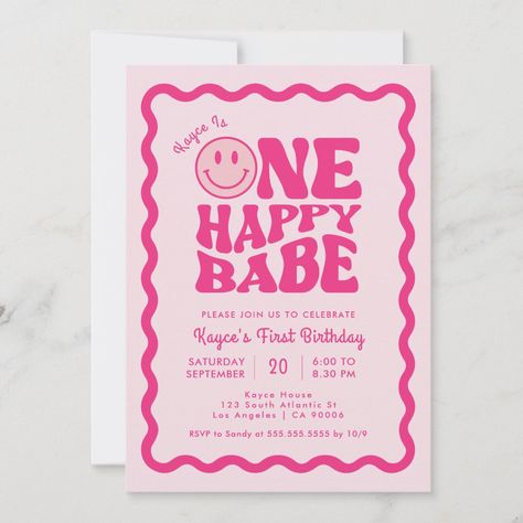 Pink cute preppy smile one happy babe girl 1st birthday invitation. One Happy Babe First Birthday Girl, One Happy Babe, Combined Birthday Parties, Baby First Birthday Themes, Girl 1st Birthday, Happy First Birthday, Pink Preppy, Birthday Inspo, 1st Birthday Invitation