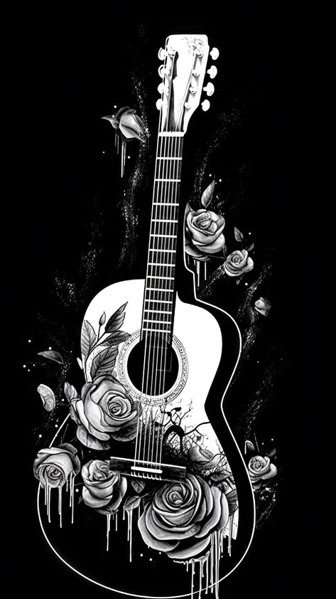 Acoustic Guitar With Flowers Tattoo, Black Guitar Wallpaper, Guitar With Flowers, Guitar Pick Art, Random Illustration, Guitar Sketch, Guitar Artwork, Music Wallpapers, Guitar Illustration