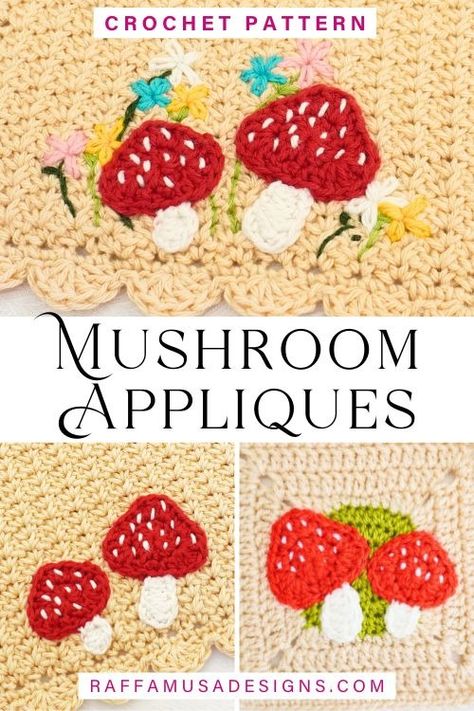 Crochet Mushroom Appliques – Free Pattern in 2 Sizes! • RaffamusaDesigns Autumn Projects, Crochet Granny Stitch, Crochet Applique Patterns Free, Pumpkin Applique, Little Mushroom, Crochet Cute, Crochet Stitches Guide, Crochet Mushroom, Cute Mushroom