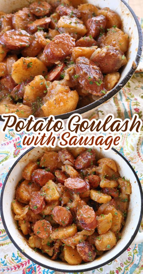 Hungarian Potato Goulash, Sausage Stew Recipes Simple, Southern Stewed Potatoes, Smoked Polish Sausage Recipes, Knackwurst Recipe Dinners, Beef Sausage Recipes Dinners, Polish Kielbasa Recipes, Potato And Sausage Recipes, Sausage And Potatoes Casserole