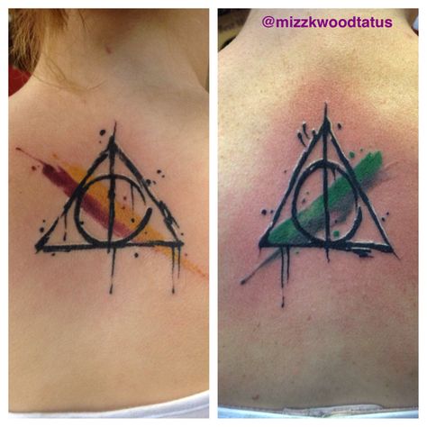 Harry potter deathly hollows watercolor tattoos. I do not know which artist did these but they are awesome! Harry Potter Tattoos Meaningful, Gryffindor Tattoo Ideas, Harry Potter House Tattoos, Harry Potter Slytherin Tattoo, Gryffindor Tattoo, Slytherin Tattoo Ideas, Matching Harry Potter Tattoos, Ravenclaw Tattoo, Hufflepuff Tattoo